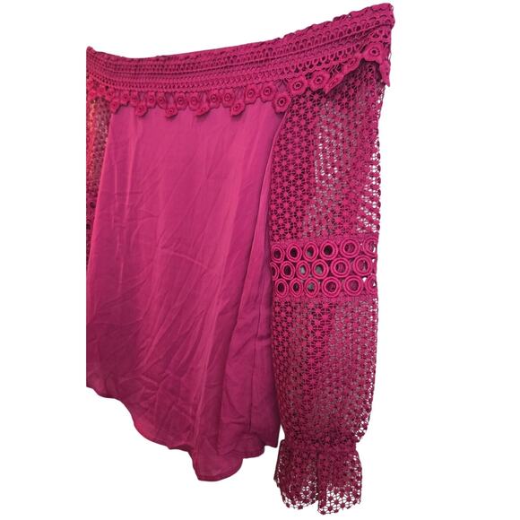 Roaman’s Women’s 14W Magenta Off Shoulder Lace Sleeve Top Plus Size Boho Chic - Picture 4 of 9